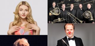 Performing Arts Lakefield's 2024-25 season features (left to right, top to bottom) Caity Gyorgy, Valdy, Buzz Brass, Chris Hall and The Comic Quartet, and The Shuffle Demons. (kawarthaNOW collage of artist photos)
