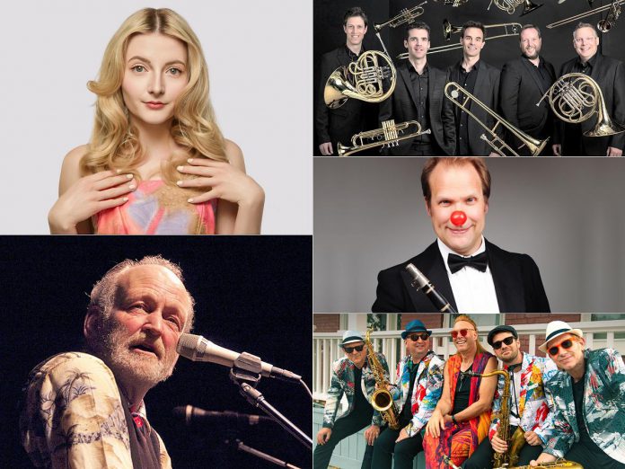 Performing Arts Lakefield's 2024-25 season features (left to right, top to bottom) Caity Gyorgy, Valdy, Buzz Brass, Chris Hall and The Comic Quartet, and The Shuffle Demons. (kawarthaNOW collage of artist photos)