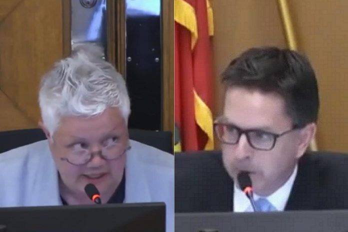 Councillor Joy Lachica challenged councillor Andrew Beamer after the chair of Peterborough city council's general committee ruled her motion out of order on May 13, 2024. Lachica's motion had requested that city council have final approval of the site plan and technical studies of the Bonnerworth Park redevelopment. (kawarthaNOW screenshots of City of Peterborough video)