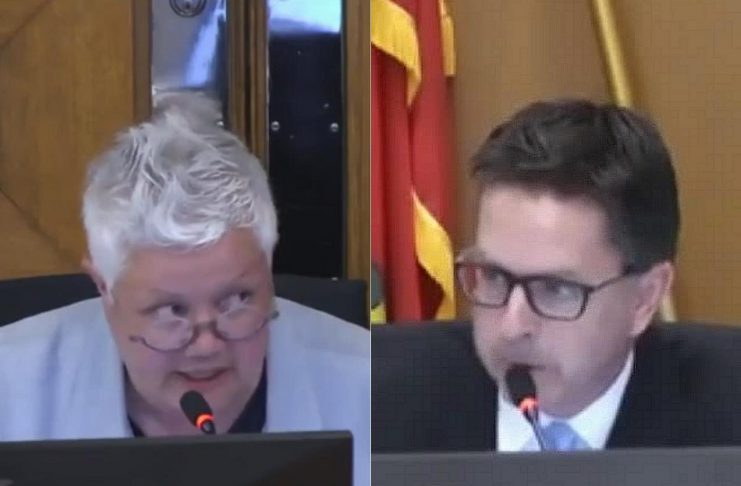 Councillor Joy Lachica challenged councillor Andrew Beamer after the chair of Peterborough city council's general committee ruled her motion out of order on May 13, 2024. Lachica's motion had requested that city council have final approval of the site plan and technical studies of the Bonnerworth Park redevelopment. (kawarthaNOW screenshots of City of Peterborough video)
