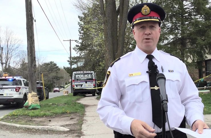 Peterborough police chief Stuart Betts held a media conference at 850 Fairbairn Street on May 1, 2024, to provide an update on a shooting the previous evening. The shooting victim, who is currently in hospital, and the three people facing charges were known to one another, were all involved in a housing unit takeover, and are not from Peterborough. (kawarthaNOW screenshot of Peterborough Police Service video)