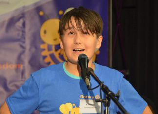Connor from Kawartha Heights Public School concentrates on a word during the Rotary Club of Peterborough's 10th annual spelling bee on May 4, 2024 at Whetung Theatre at Fleming College. (Photo: Rotary Club of Peterborough)