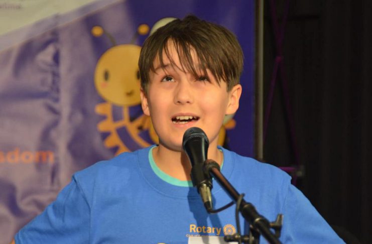 Connor from Kawartha Heights Public School concentrates on a word during the Rotary Club of Peterborough's 10th annual spelling bee on May 4, 2024 at Whetung Theatre at Fleming College. (Photo: Rotary Club of Peterborough)