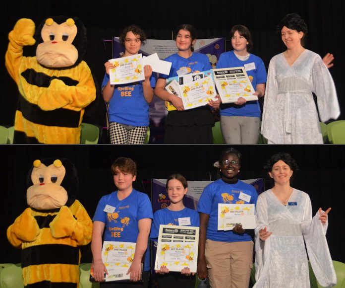 Flanked by Liam Nolan as mascot Buzz on the left and Leigh Ramsey as Princess Leia on the right (in recognition of Star Wars Day), the top spellers at the Rotary Club of Peterborough's 10th annual spelling bee on May 4, 2024 were (top, left to right) Verna Conlin-Hanley, Emily Gordon, and Chloe Cupit in the junior division and (bottom, left to right) Pax Wallace, Charlotte  Brown, and Adeniji in the intermediate division. (kawarthaNOW collage of Rotary Club of Peterborough photos)