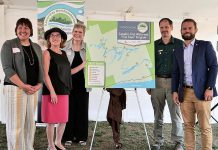 Trent-Severn Trail Town, Canada's first waterway "trail town" program, was launched on August 22, 2019 at Ranney Falls (Locks 11-12) in Campbellford. Pictured from left to right: Cycle Forward founder and trail town consultant Amy Camp, former Northumberland-Peterborough South MP Kim Rudd, Kawarthas Northumberland/Regional Tourism Organization 8 (RTO8) Executive Director Brenda Wood, Parks Canada Associate Director for Ontario Waterways Dwight Blythe, and Northumberland-Peterborough South MPP David Piccini. (Photo courtesy of RTO8)