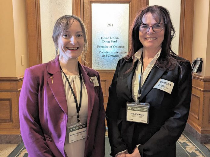 Peterborough & the Kawarthas Home Builders Association (PHKBA) executive officer Rebecca Schillemat and president Jennifer Hurd outside Premier Doug Ford's office at Queen's Park in Ontario on April 9, 2024 when the Ontario Home Builders' Association shared its plan to build more homes across the province. (Photo: PHKBA / Facebook