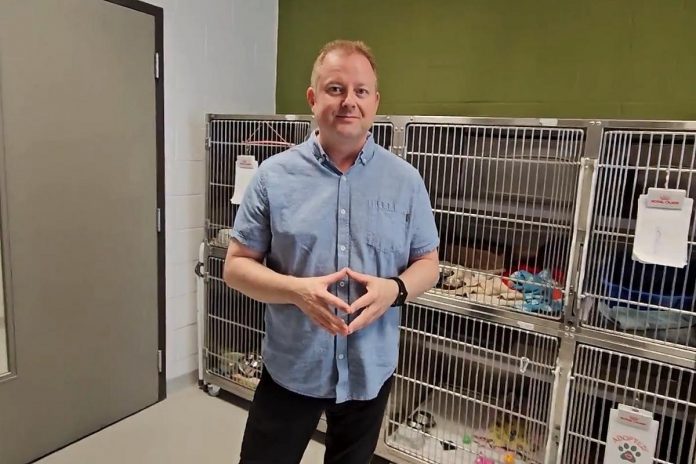 Kevin MacKenzie, director of fund development at the Peterborough Humane Society, in a video submitted to the McDougall Community Contest, an annual online competition organized by McDougall Insurance, the largest insurance brokerage in eastern Ontario. The contest will award three prizes worth a total of $10,000 based on the three submitted videos that get the most votes on the contest by May 31, 2024. (kawarthaNOW screenshot)