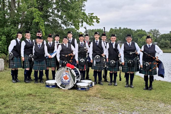 Wearing the McAlpine tartan, the Durham Region Police Pipes and Drums travel across the province at various highland games. 16-year-old bagpiper Brodick Ewing (back right) has been in the band since 2020 and in 2023 competed for the first time, where the band came in second in their grade at the North American competition. (Photo courtesy of Ewing family)