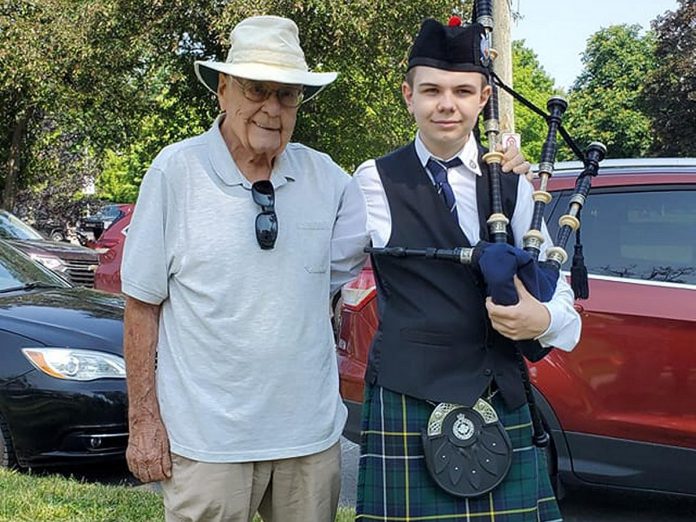 16-year-old bagpiper Brodick Ewing, also known as The Port Hope Piper, has been a lover of music since he was very young, and grew up immersed in Scottish culture, regularly attending Highland Games and listening to his grandfather (left), who is also a bagpiper. While his grandfather no longer plays, he will be cheering Brodick on as he competes in the solo competition for the second year at the Northumberland Scottish Festival and Highland Games. (Photo courtesy of Ewing family)