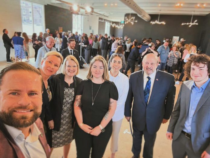 Northumberland-Peterborough South MPP David Piccini (left) at the Ontario government's announcement on May 2, 2024 in Port Hope of a new Youth Wellness Hub for Northumberland County. Also pictured are Port Hope mayor Olena Hankivsky and Ontario health minister Sylvia Jones (second and third from left), associate minister of mental health and addictions Michael Tibollo (second from right), and Vladimir Khaimovich (right). (Photo: David Piccini)