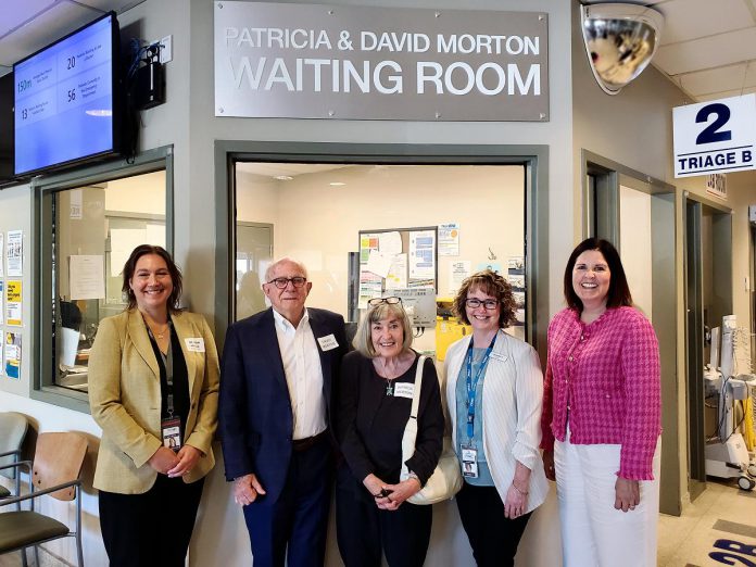 After their family recently suffered a devastating loss due to suicide, Peterborough philanthropists David and Patricia Morton (second and third from left) decided to donate $500,000 to the Peterborough Regional Health Centre (PRHC) Foundation to support mental health and addictions care at the hospital. At a private family event on May 29, 2024, new signage was unveiled at the hospital's emergency department waiting room in honour of their gift. Also pictured from left to right is PRHC president and CEO Dr. Lynn Mikula, PRHC's director of mental health and addictions Jennifer Cox, and PRHC Foundation president and CEO Lesley Heighway. (Photo courtesy of PRHC Foundation)