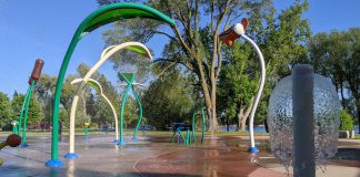 The splash pad at Rogers Cove park in Peterborough's East City. (Photo: Bruce Head / kawarthaNOW)