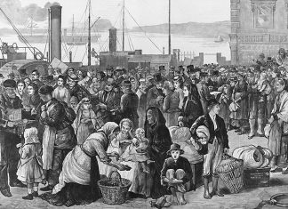 An 1874 engraving published in The Illustrated London News shows Irish emigrants preparing to leave the Queenstown port in County Cork, Ireland for North America. Peterborough actor Elaine Day, who is a descendant of one of the Irish emigrants who came to Upper Canada in 1825 as part of a settlement initiative by Peter Robinson, plays the role of The Descendant in Trent Valley Archives Theatre's inaugural production "Tide of Hope," which takes place in Ireland in 1825 and tells the story of one of the emigrants. The play will be performed for the public on May 15 and 16, 2024 at Market Hall Performing Arts Centre. (Public domain image)