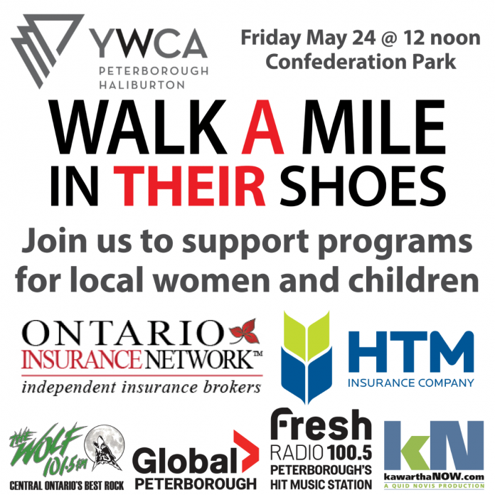 Sponsored by local businesses and media companies, "Walk A Mile In Their Shoes" begins at noon on May 24, 2024 at Confederation Park in downtown Peterborough. (Graphic: YWCA Peterborough Haliburton)