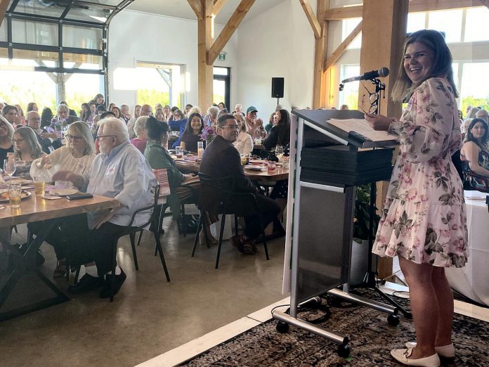 Catherine Hanrahan was the emcee for the sold-out Women of Impact Awards ceremony and celebration, hosted by the United Way of Peterborough & District in conjunction with Women United Peterborough and held at Farmhill Weddings east of Peterborough on May 30, 2024. (Photo: Paul Rellinger / kawarthaNOW)