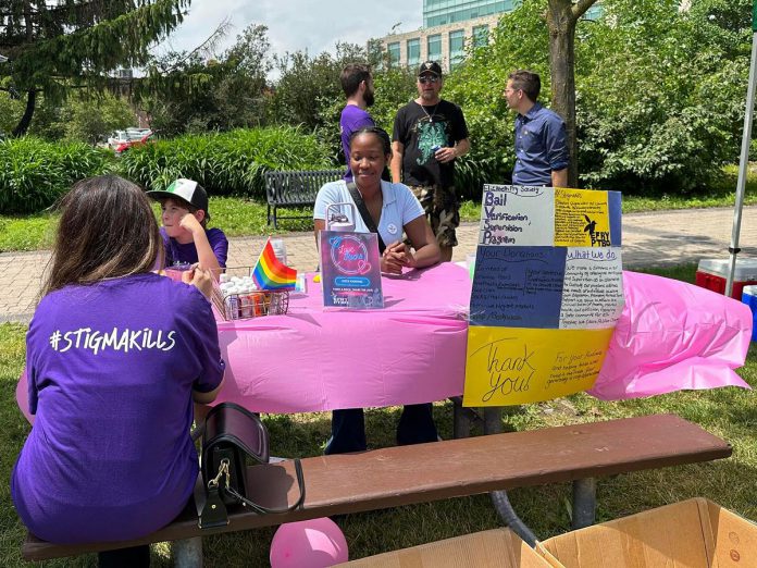 The Elizabeth Fry Society of Peterborough on June 26, 2023 outside the Silver Bean Cafe at Millennium Park in Peterborough for Anti-Stigma Day. Returning for 2024, the free community event with information, games, activities, and more aims to educate community members about the impact of negatives attitudes, beliefs, or behaviours about or towards a group of people because of their circumstances, including people who use drugs. (Photo: Elizabeth Fry Society of Peterborough)