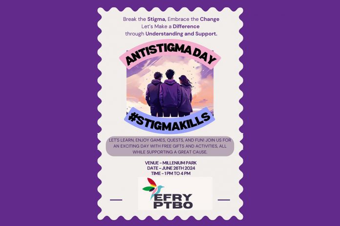 In recognition of Anti-Stigma Day, the Elizabeth Fry Society of Peterborough is hosting a community event with several other organizations from 1 to 4 p.m. on June 26, 2024 at Millennium Park in Peterborough. June 26 was chosen for Anti-Stigma Day because it is the same day as the United Nation's International Day Against Drug Abuse and Illicit Trafficking, which reinforces stigma against people who use drugs. (Poster: Elizabeth Fry Society of Peterborough)