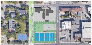 A conceptual rendering of 16 pickleball courts, with greenspace and parking, located at the site of the former Baskin-Robbins plant at Simcoe and Alymer streets in downtown Peterborough. The property is owned by by developer Don MacPherson and currently sits vacant after being rezoned from industrial to commercial-residential use. (Graphic: Unity Design Studio Inc.)