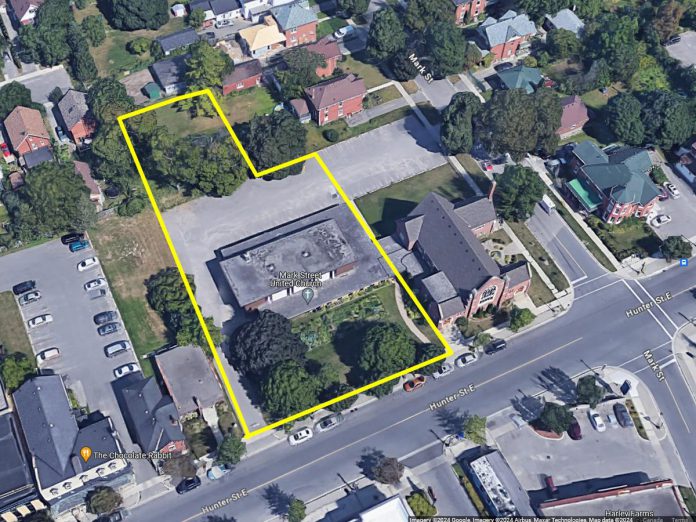 The approximate area for the TVM Group's proposed residential-commercial development in East City, based on a site location map provided as part of an invitation from EcoVue Consulting Services Inc. to a public open house on June 20, 2024. (Graphic: kawarthaNOW / Google Maps)