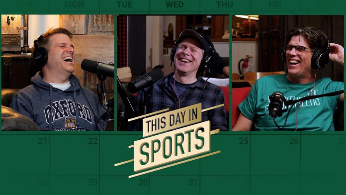 "This Day in Sports" hosts Sandy Jobin-Bevans, Matt Kippen, and Mike Shara describe their podcast as "an irreverent look at one day in sports history, hosted by three men who think they're funnier than they are and probably know less than they think." (Photo courtesy of Globus Theatre)