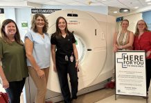 Haliburton Highlands Health Services (HHHS) CEO Veronica Nelson (second from left) and HHHS Foundation executive director Melanie Koldt Wong (second from right) and HHHS staff celebrate the arrival of a new CT scanner at the Haliburton hospital site on June 17, 2024. (Photo courtesy of HHHS Foundation)