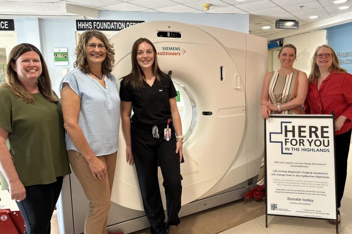 Haliburton Highlands Health Services (HHHS) CEO Veronica Nelson (second from left) and HHHS Foundation executive director Melanie Koldt Wong (second from right) and HHHS staff celebrate the arrival of a new CT scanner at the Haliburton hospital site on June 17, 2024. (Photo courtesy of HHHS Foundation)