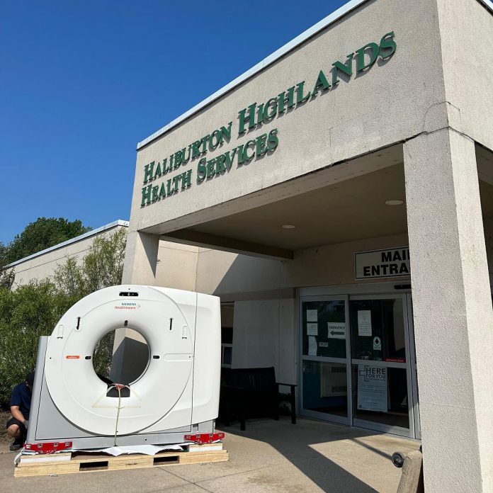 A new CT scanner arrives at the Haliburton hospital on June 17, 2024. Long-time hospital supporters Scott and Chere Campbell have not only donated $500,000 to the Haliburton Highlands Health Services (HHHS) Foundation's "Here for You in the Highlands" fundraising campaign, but they have committed to matching community donations to the campaign of up to $500,000. (Photo courtesy of HHHS Foundation)