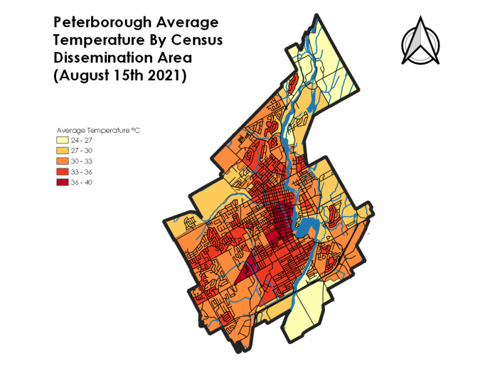 Peterborough average temperature by census dissemination area (August 15, 2021). (Graphic: Dylan Radcliffe)