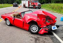 The occupants of this 1976 Triumph Spitfire travelling north on Highway 28 south of Young's Point received only minor injuries after it was hit by a vehicle exiting a private driveway onto the highway on June 21, 2024. (Photo: Peterborough County OPP)