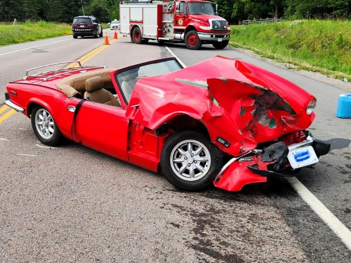 The occupants of this 1976 Triumph Spitfire travelling north on Highway 28 south of Young's Point received only minor injuries after it was hit by a vehicle exiting a private driveway onto the highway on June 21, 2024. (Photo: Peterborough County OPP)