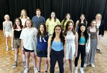"Broadway and Beyond," the inaugural production from Peterborough's new Theatre Arts Training Academy, will star the participants of the Academy's Summer Intensive program performing recognizable show tunes and pop songs. Held at the Peterborough Theatre Guild for two shows July 20, 2024, the show features (left to right, front to back) Emily Hartleib, Juliet Martin, Birdie Wells, Robyn Hawthorne, Annie Mancini, Kelly Huang, Hanna-Marie Toll, Kinsley Curry, Adrianna Malloy, Joseph Roper, Sydney Hawthorne, Kalla Tahon, Alex Hodson, and Hailey Grace Coulter-Martin. (Photo courtesy of Theatre Arts Training Academy)