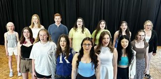 "Broadway and Beyond," the inaugural production from Peterborough's new Theatre Arts Training Academy, will star the participants of the Academy's Summer Intensive program performing recognizable show tunes and pop songs. Held at the Peterborough Theatre Guild for two shows July 20, 2024, the show features (left to right, front to back) Emily Hartleib, Juliet Martin, Birdie Wells, Robyn Hawthorne, Annie Mancini, Kelly Huang, Hanna-Marie Toll, Kinsley Curry, Adrianna Malloy, Joseph Roper, Sydney Hawthorne, Kalla Tahon, Alex Hodson, and Hailey Grace Coulter-Martin. (Photo courtesy of Theatre Arts Training Academy)