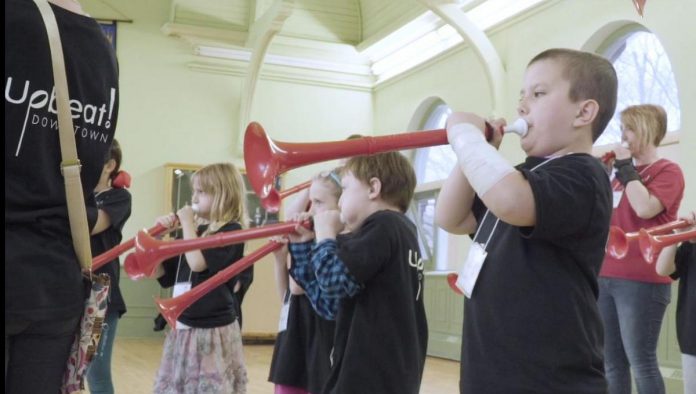 Children participating in a four-week pilot of the Kawartha Youth Orchestra's Upbeat! Downtown after-school music program in 2019. The free program is designed for children living in Peterborough who are interested in music but face barriers to accessing music education. The Ontario Trillium Foundation grant that funded the program for three years in ending. (Photo courtesy of Kawartha Youth Orchestra)
