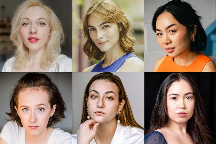 The principal cast of 4th Line Theatre's "Onion Skins & Peach Fuzz: The Farmerettes," running from July 1 to 20, 2024 at the Winslow Farm in Millbrook. From left to right, top and bottom: Rebecca Birell, Aimée Gordon, Reena Goza, Megan Murphy, Carina Sălăjan, and Alicia Salvador. (kawarthaNOW collage of supplied photos)