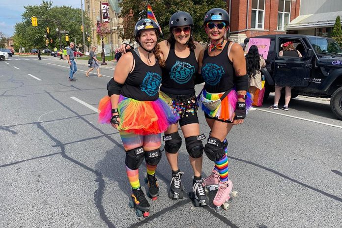Members of the Peterborough Area Roller Derby (PARD) at the 2023 Pride parade. On July 25, 2024, 15 of the derby girls and possibly members of their junior division will be participating in downtown Millbrook's Ladies Night. (Photo: PARD)