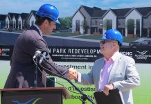 The Northumberland County Housing Corporation (NCHC), which oversees more than 350 rent-geared-to-income and affordable rental units throughout Northumberland County, is inviting community members to apply for a seat on its board of directors. Pictured is former NCHC board chair Gil Brocanier (right) shaking hands with Whitby MP Ryan Turnbull during a 2022 funding announcement for the Elgin Park redevelopment project in Cobourg. (Photo: Northumberland County)