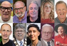 The 10 inductees of the Peterborough & District 2024 Pathway of Fame are (left to right, top and bottom): Spencer J. Harrison, John Lewis, Earl Wilfong, Melissa Payne, Jim Hendry, Glen Caradus, J. Murray Jones, Tegan Moss, Ray Ostapovich, and the late Kirk Wipper. (kawarthaNOW collage of supplied photos)