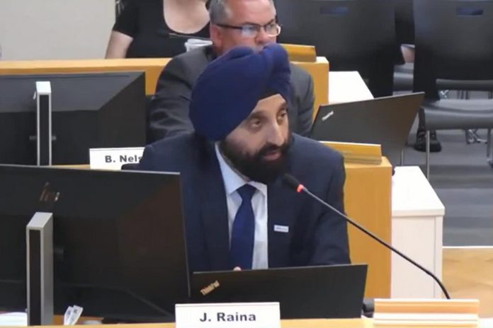 Jasbir Raina, CAO of the City of Peterborough, responds to questions from councillors during city council's general committee meeting on June 17, 2024 about a staff report proposing a new economic development and tourism model for the city. (kawarthaNOW screenshot of City of Peterborough video)