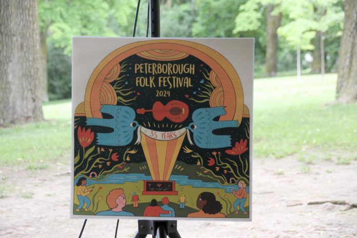 The Peterborough Folk Festival's 35th anniversary poster was designed by artist Brooklin Stormie. The 2024 festival kicks off with ticketed concerts on August 15 and 16, followed the free-admission festival at Nicholls Oval Park on August 17 and 18. (Photo: Jeannine Taylor / kawarthaNOW)