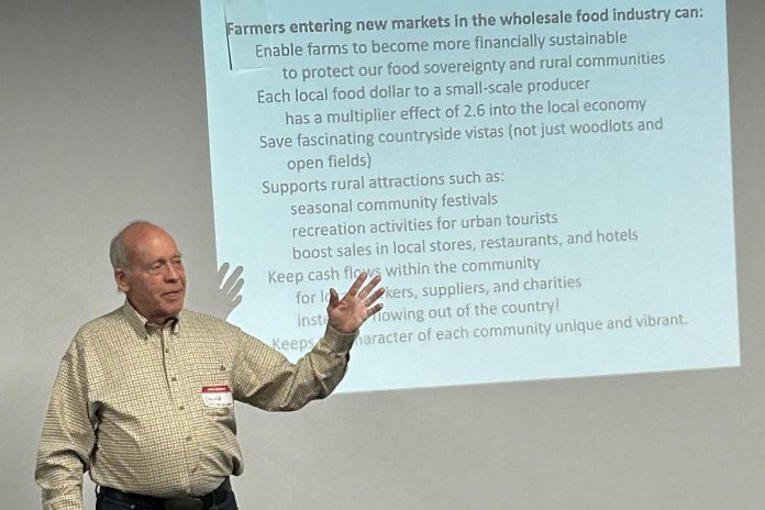 David Cohlmeyer of Sustainable Food Consulting, and the founder and former owner of Cookstown Greens, used his decades of experience working with farmers and chefs to lead training sessions for producers during the "Growing the Local Food Wholesale Market in the Kawartha Region" project. He provided tips on providing consistent quality and availability and explained the process of calculating costs of production and cash flow projections to ensure a sustainable business. (Photo courtesy of Peterborough & the Kawarthas Economic Development)