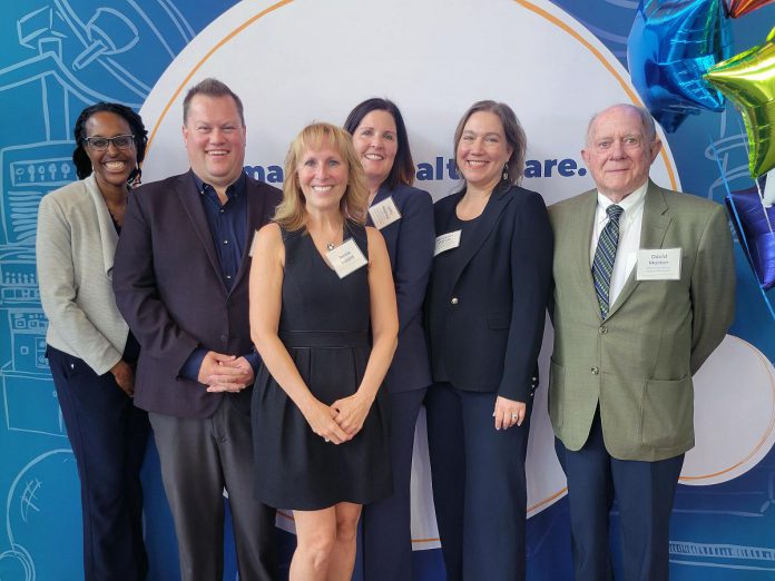 On June 25, 2024, the Peterborough Regional Health Centre (PRHC) Foundation launched the public phase of a $60-million fundraising campaign to position the hospital to meet the challenges of a changing health care system. Pictured from left to right are PRHC vascular surgeon and PRHC Foundation board member Dr. Heather Cox, PRHC Foundation board chair Dan Moloney, patient and campaign ambassador Jennie Ireland, PRHC Foundation president and CEO Lesley Heighway, PRHC president and CEO Dr. Lynn Mikula, and donor and campaign ambassador David Morton. (Photo courtesy of PRHC Foundation)