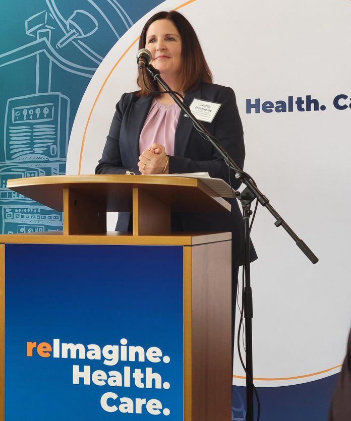 PRHC Foundation president and CEO Lesley Heighway addresses donors and local dignitaries at the official launch of the foundation's $60-million fundraising campaign to reimagine health care at the regional hospital on June 25, 2024. (Photo courtesy of PRHC Foundation)