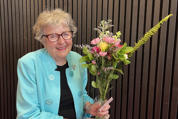 Beth McMaster, the founding chair of Showplace Performance Centre, was feted during a celebration at the performing arts venue on June 11, 2024 that included the unveiling of a plaque in her honour. (Photo: Tom Keeton)