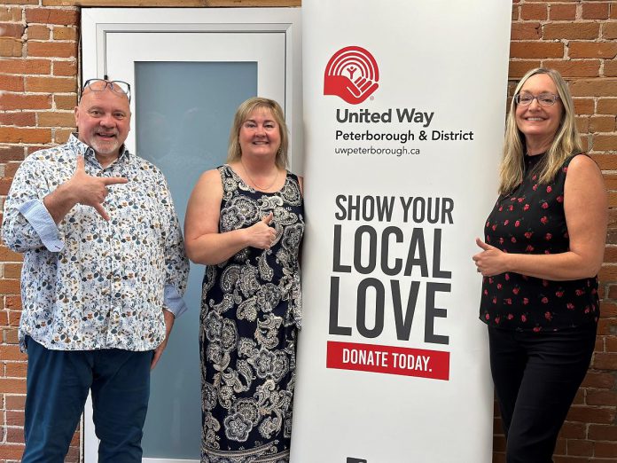 Flanked by the United Way Peterborough & District's CEO Jim Russell and director of philanthropy Anne Ondercin, Shirley Turner gives the thumbs up after her appointment as the chair of the non-profit organization's 2024 community campaign. The Peterborough real estate agent and former teacher has been a long-time supporter of and advocate for the United Way and currently serves on the board. (Photo courtesy of United Way Peterborough & District)