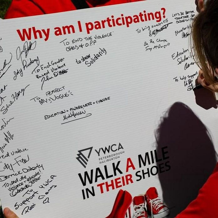 Some of the reasons community members participated in the YWCA Peterborough Haliburton "Walk a Mile in Their Shoes" event on May 24, 2024, which raised more than $20,000 for the organization's programs and services for women, children, and gender-diverse people fleeing gender-based violence. (Photo courtesy of YWCA Peterborough Haliburton)