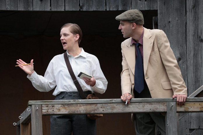 Katie Ryerson as journalist Jean "Jim" Watts and Thomas Fournier as Peterborough union organizer Jim Higgins in a scene from 4th Line Theatre's world premiere of "Jim Watts: Girl Reporter" during a media day event on July 17, 2024 at the Winslow Farm in Millbrook. Watts went to Spain to report on the Spanish Civil War for The Daily Clarion, the Communist Party of Canada's newspaper, and became the only woman to join the volunteer Canadian Mackenzie–Papineau Battalion, which began fighting in 1938 for the Republican side during the three-year war that erupted after fascist Francisco Franco’s failed coup d'état in July 1936. (Photo: Heather Doughty / kawarthaNOW)