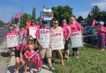 Hospital workers belonging to the Canadian Union of Public Employees (CUPE) gathered outside of Peterborough-Kawartha MPP Dave Smith's constituency office on Chemong Road in Peterborough on July 30, 2024 to protect the Ontario government's use of private clinics to deliver publicly funded health care services previously delivered at public hospitals. (Photo: CUPE's Ontario Council of Hospital Unions / Facebook)