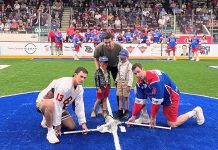 Brothers Bo and Oak participated in the pre-game ball drop at the Peterborough Century 21 Lakers winning home game against the Brampton Excelsiors on July 11, 2024, which was "Little Lakers Night" in support of Five Counties Children's Centre. The event raised $15,287 for local children's treatment services. (Photo: Five Counties Children's Centre)