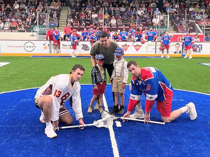 Brothers Bo and Oak participated in the pre-game ball drop at the Peterborough Century 21 Lakers winning home game against the Brampton Excelsiors on July 11, 2024, which was "Little Lakers Night" in support of Five Counties Children's Centre. The event raised $15,287 for local children's treatment services. (Photo: Five Counties Children's Centre)