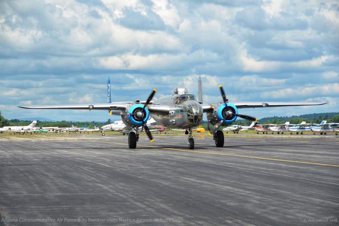 The B-25 Mitchell medium bomber "Maid in the Shade" at Nashua Airport in New Hampshire in 2018. Nearly 10,000 B-25s were built starting in 1941, with only 34 still flying today. (Photo: Ann Surwell)